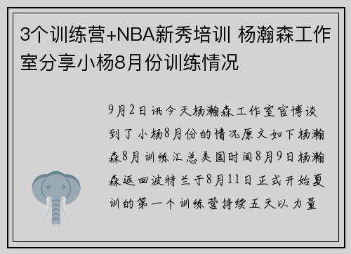 3个训练营+NBA新秀培训 杨瀚森工作室分享小杨8月份训练情况
